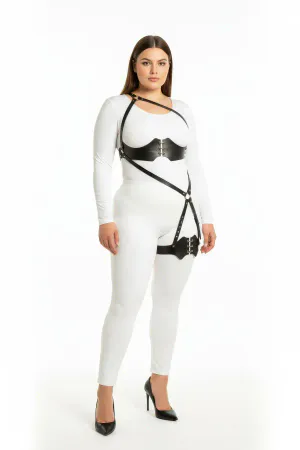 Plus Size Black Women's Harness Suit with Full Body Corset Detail - APFT1372