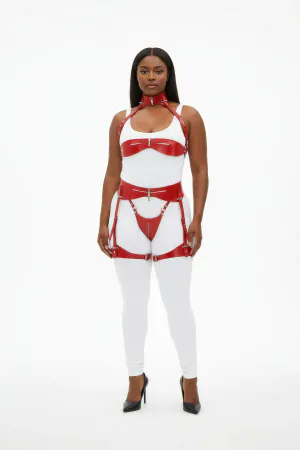 Plus Size Red Women's Leather Harness Set with Garter Fancy Accessory - APFT1373