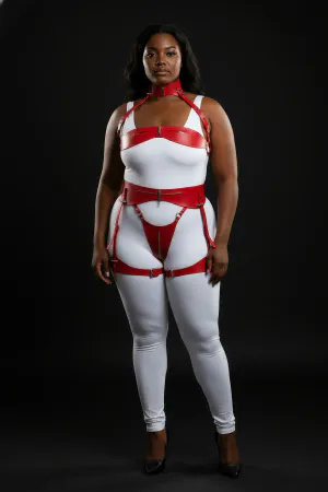 Plus Size Red Women's Leather Harness Set with Garter Fancy Accessory - APFT1373