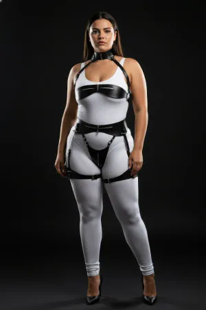 Plus Size Black Women's Leather Harness Suit with Garter Fancy Body Accessory - APFT1373