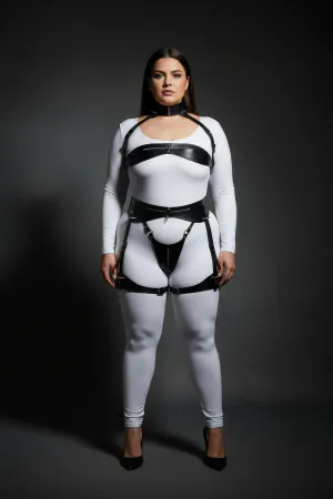Plus Size Black Women's Leather Harness Suit with Garter Fancy Body Accessory - APFT1373