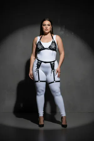 Plus Size Black Women's Leather Harness Set with Garter and Lace Fancy Combination - APFT1389