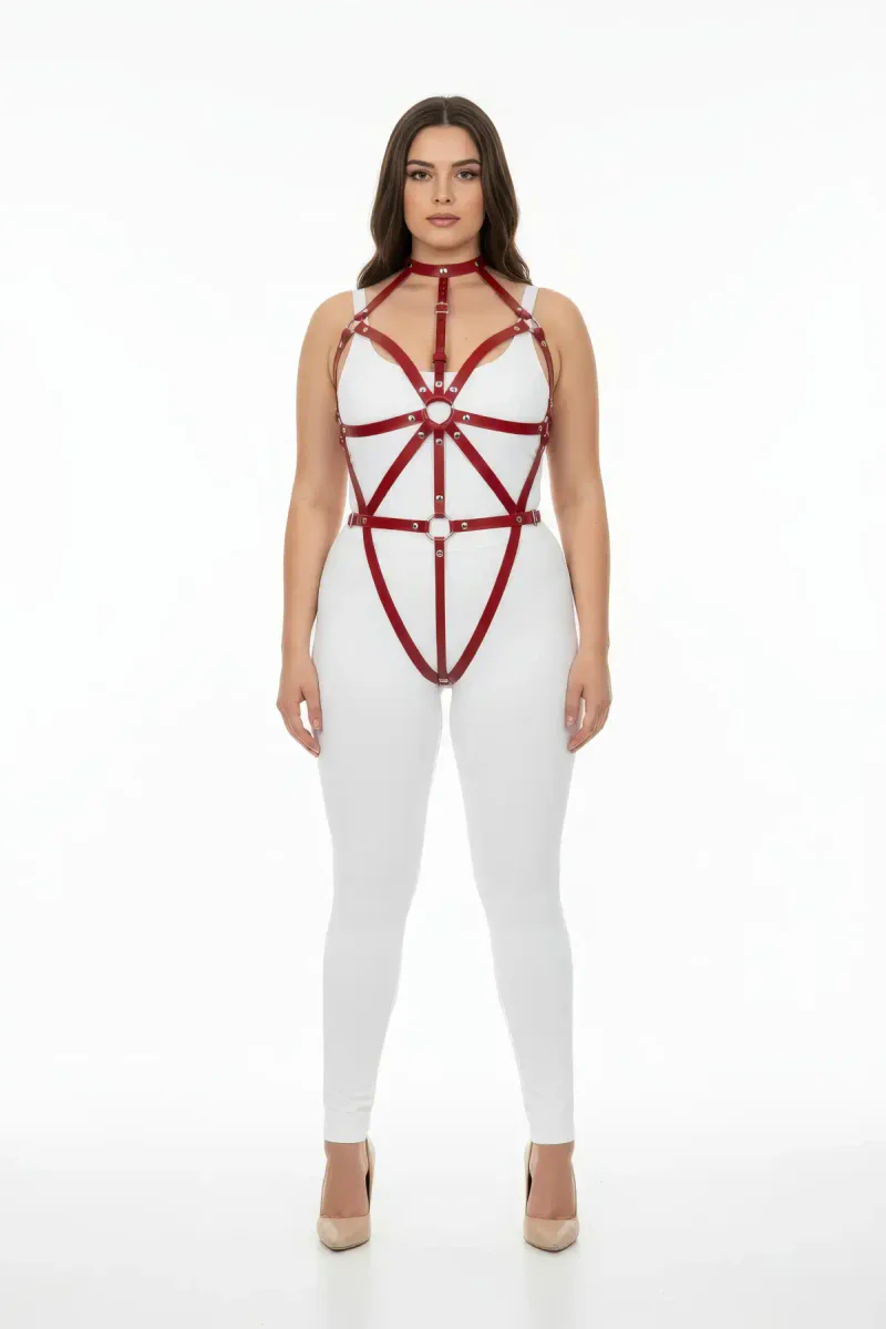 Plus Size Red Leather Body Harness - Adjustable Fit