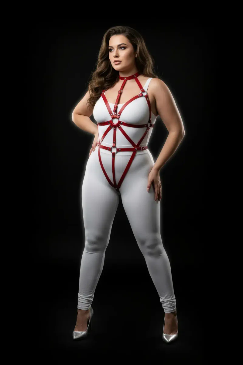 Plus Size Red Leather Body Harness - Adjustable Fit