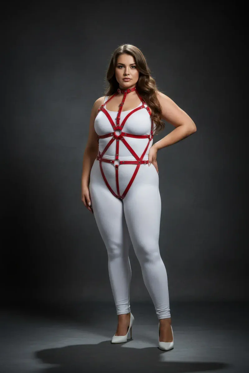 Plus Size Red Leather Body Harness - Adjustable Fit