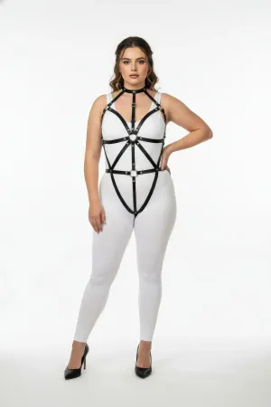 Plus Size Black Women's Harness Suit Body-hugging Ring Detailed Leather - APFT243