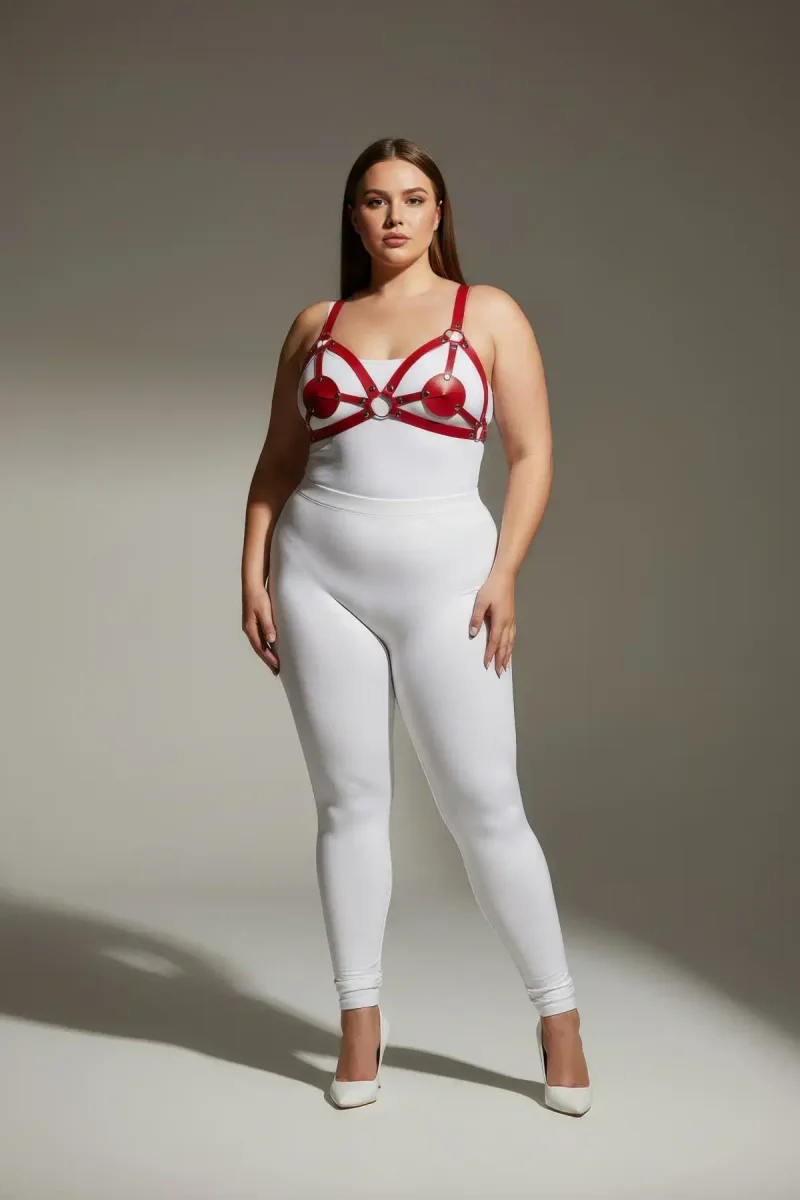 Plus Size Red Women's Harness Set with Leather Ring Detail Fancy Accessory - APFT112
