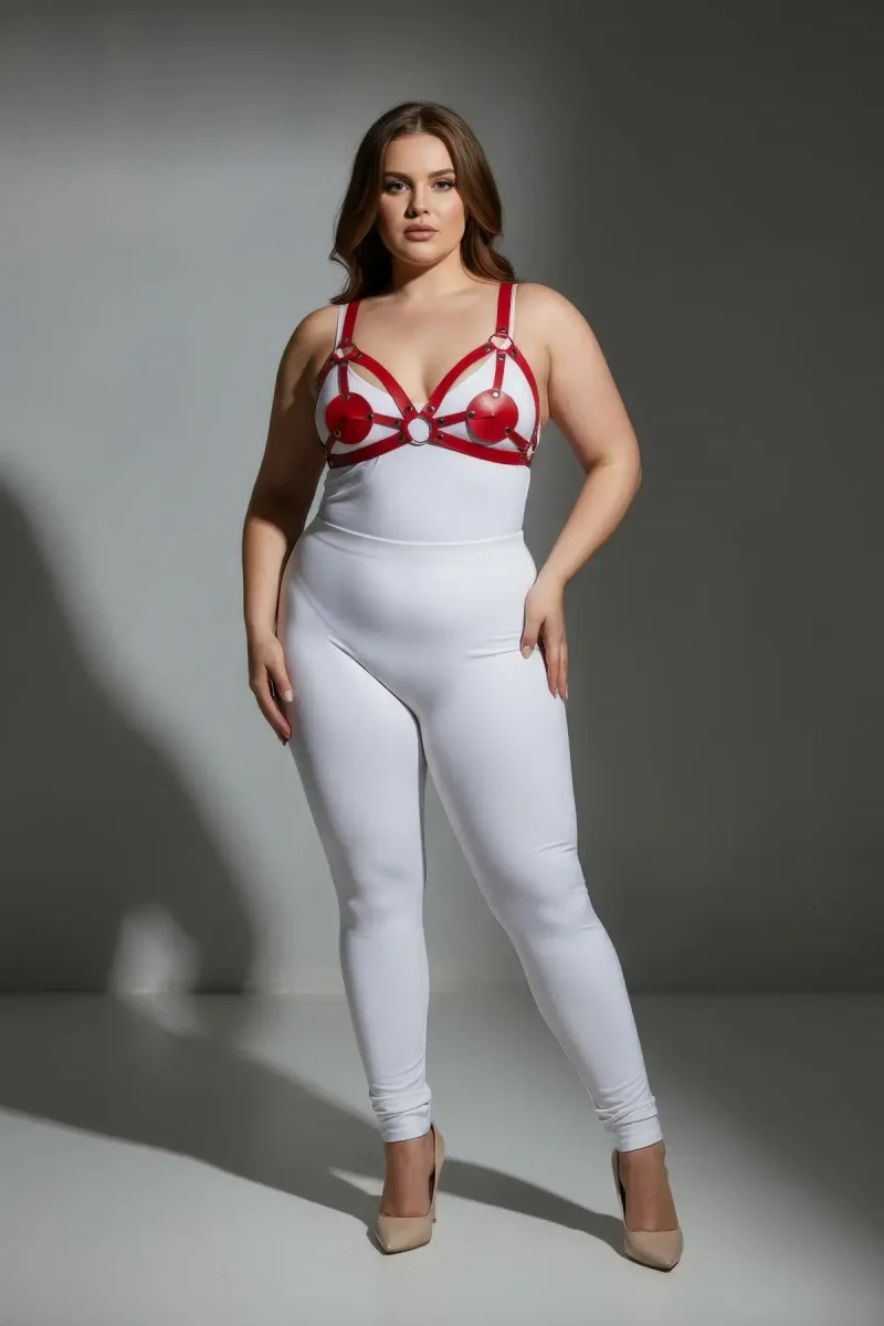 Plus Size Red Women's Harness Set with Leather Ring Detail Fancy Accessory - APFT112