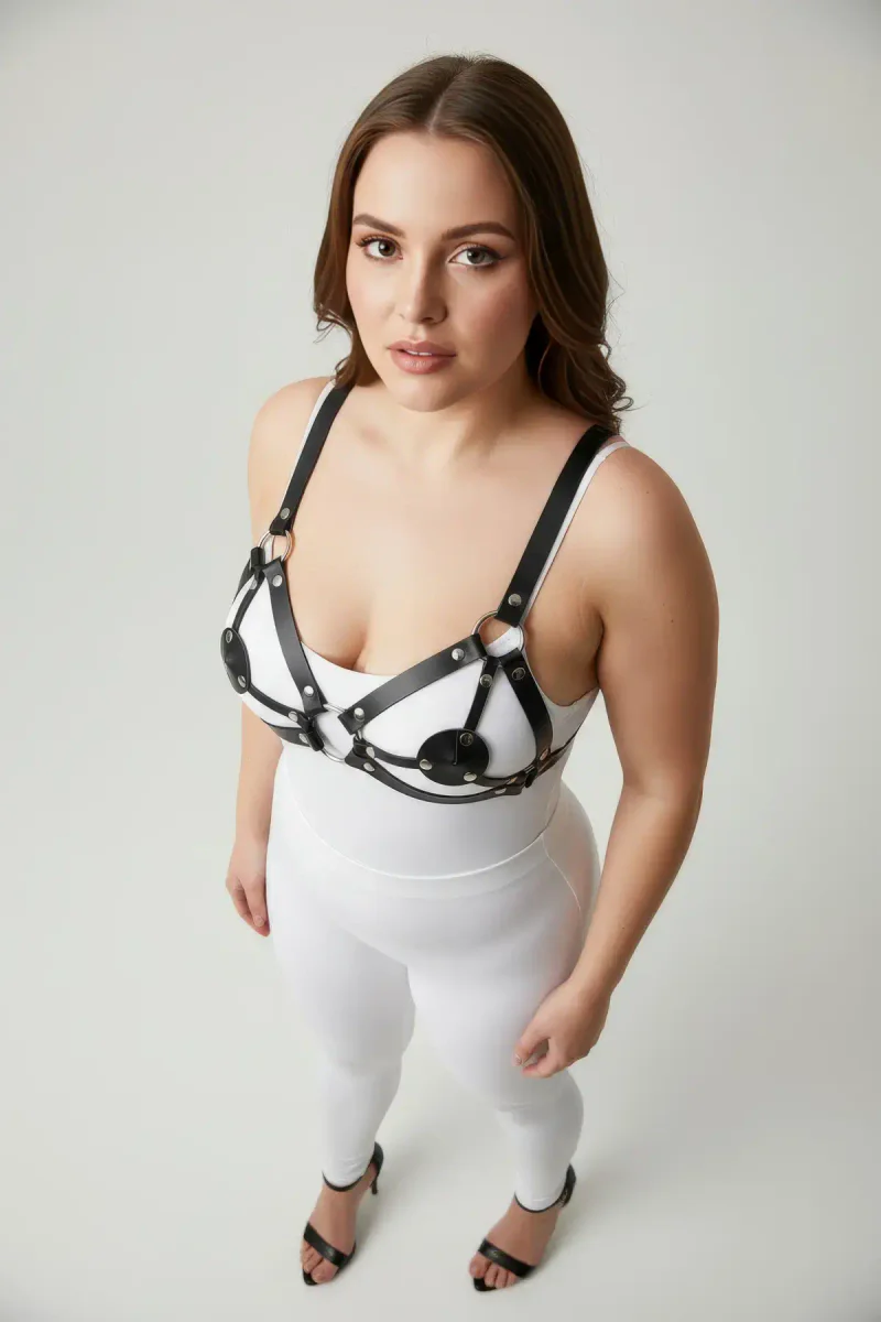 Black faux leather bra harness front view adjustable straps ring details