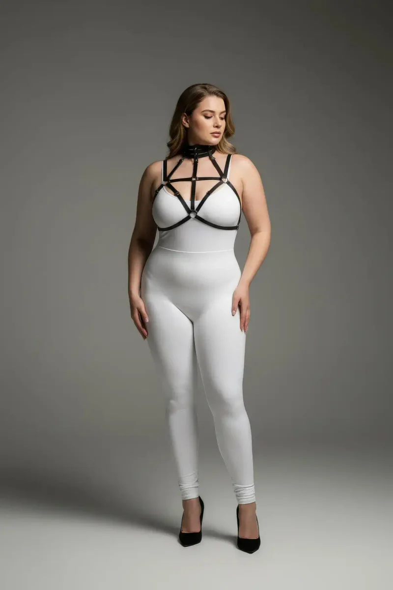 Black vegan leather strappy body harness with integrated choker neck detail