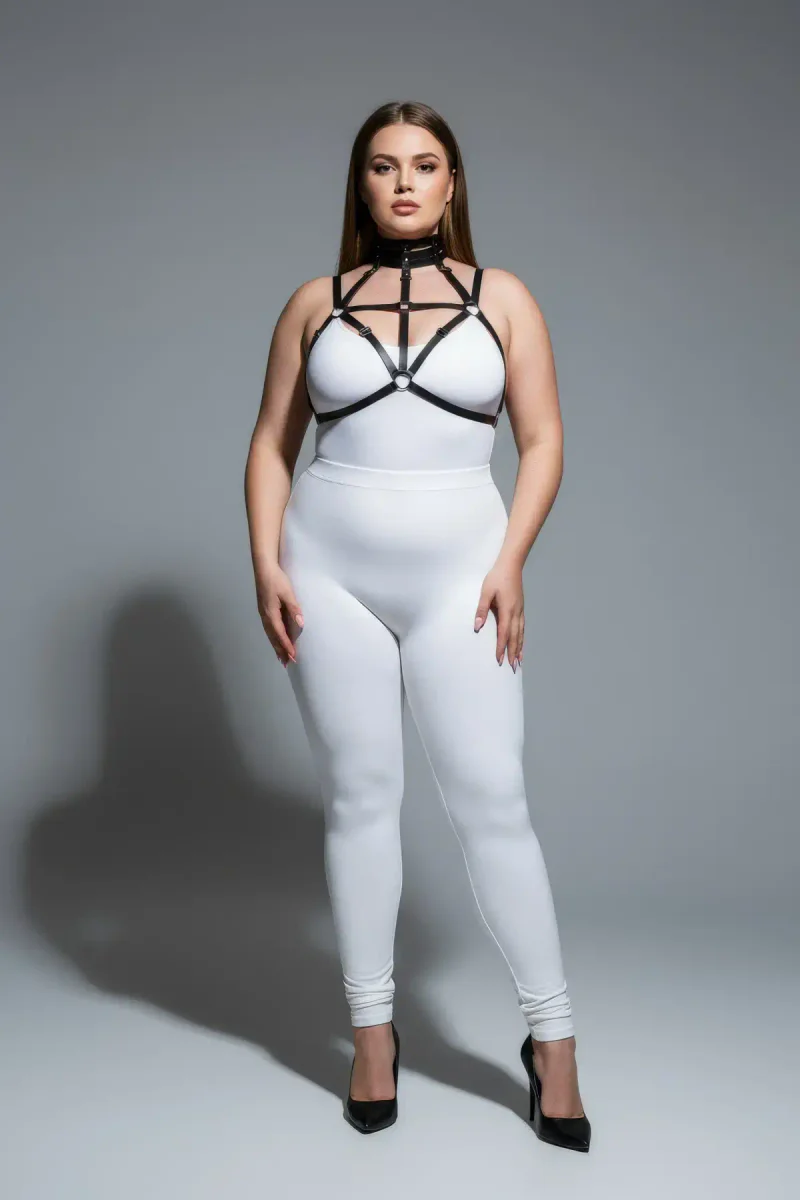 Black strappy harness front view showing choker and chest straps