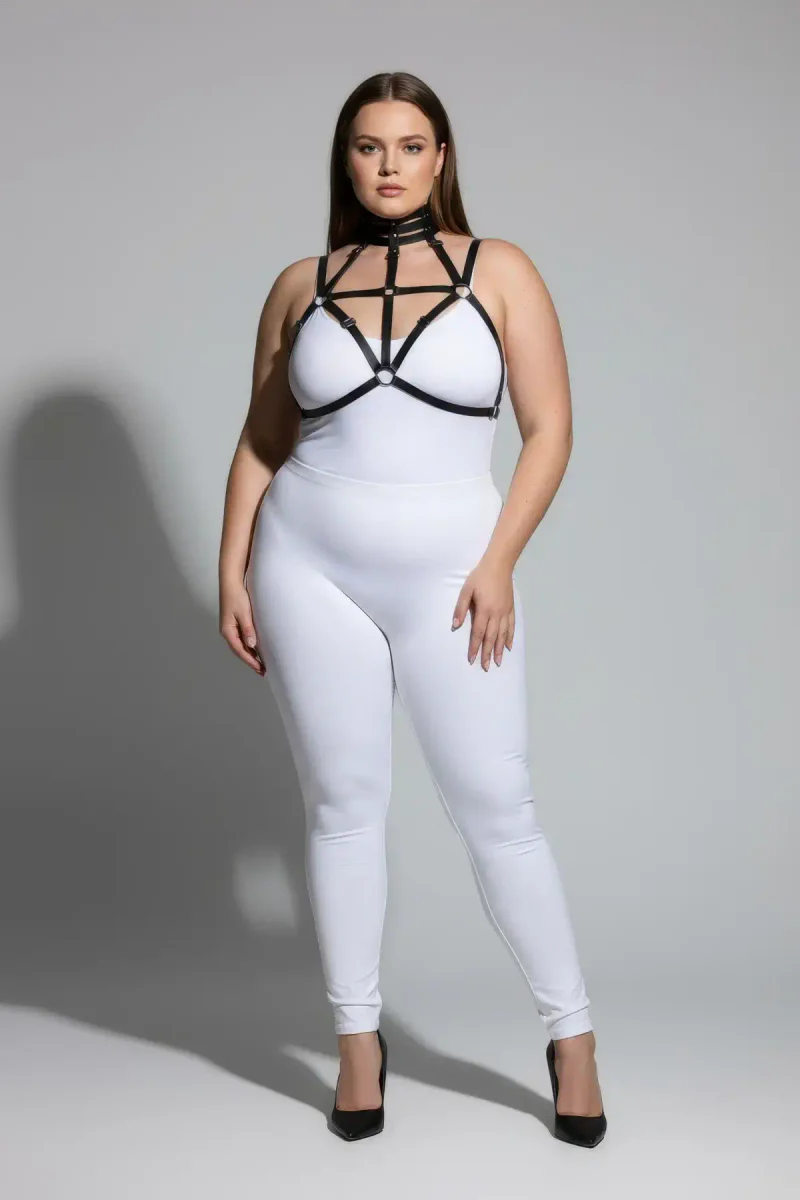 Black strappy harness choker detail on model full body view