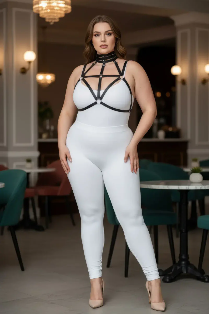 Black strappy harness choker side profile of the vegan leather harness detailing strap placement