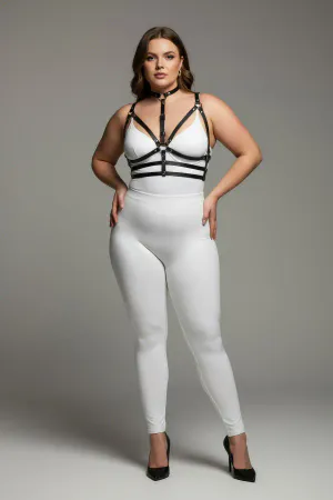 Plus Size Black Women's Leather Harness Suit with Neck Collar and Ring Detail - APFT235