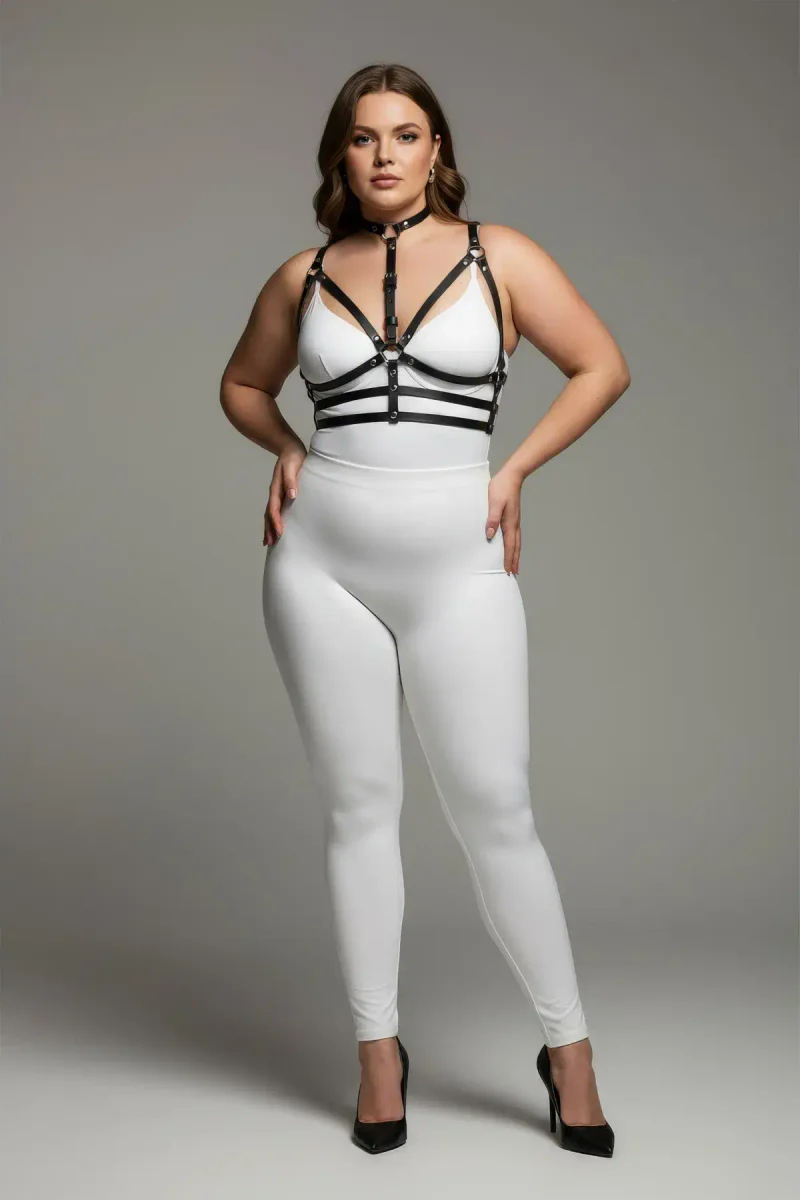 Plus Size Black Women's Leather Harness Suit with Neck Collar and Ring Detail - APFT235