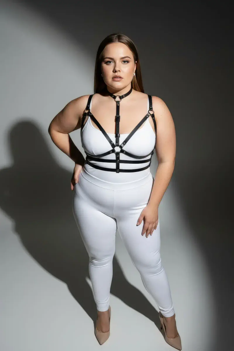 Plus Size Black Women's Leather Harness Suit with Neck Collar and Ring Detail - APFT235