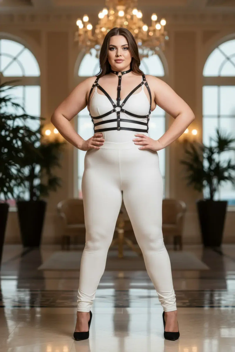 Plus Size Black Women's Leather Harness Suit with Neck Collar and Ring Detail - APFT235