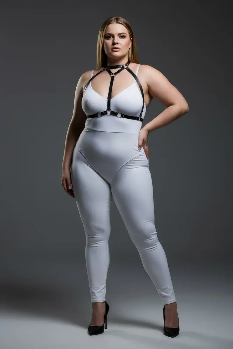 Large Size Black Women's Leather Harness Suit Ring Detailed Combination Accessory - APFT245