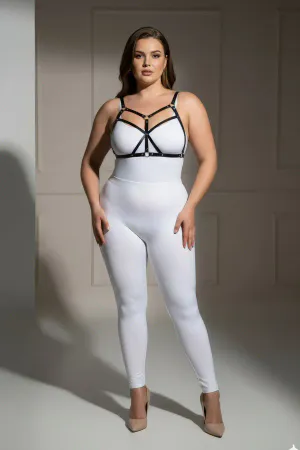 Plus Size Black Women's Leather Harness Suit Fancy Wear Ring Detailed - APFT265