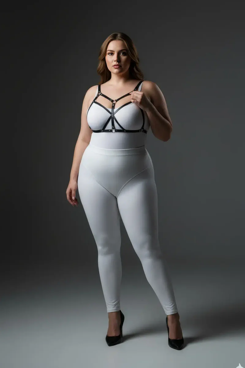 Plus Size Black Women's Leather Harness Suit Fancy Wear Ring Detailed - APFT265