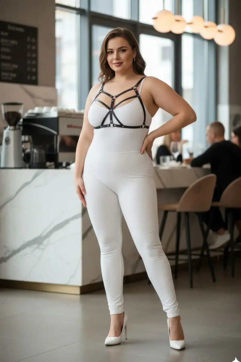 Plus Size Black Women's Leather Harness Suit Fancy Wear Ring Detailed - APFT265
