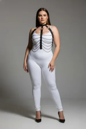 Plus Size Black Women's Chain Detailed Leather Harness Suit Fancy Accessory - APFT304