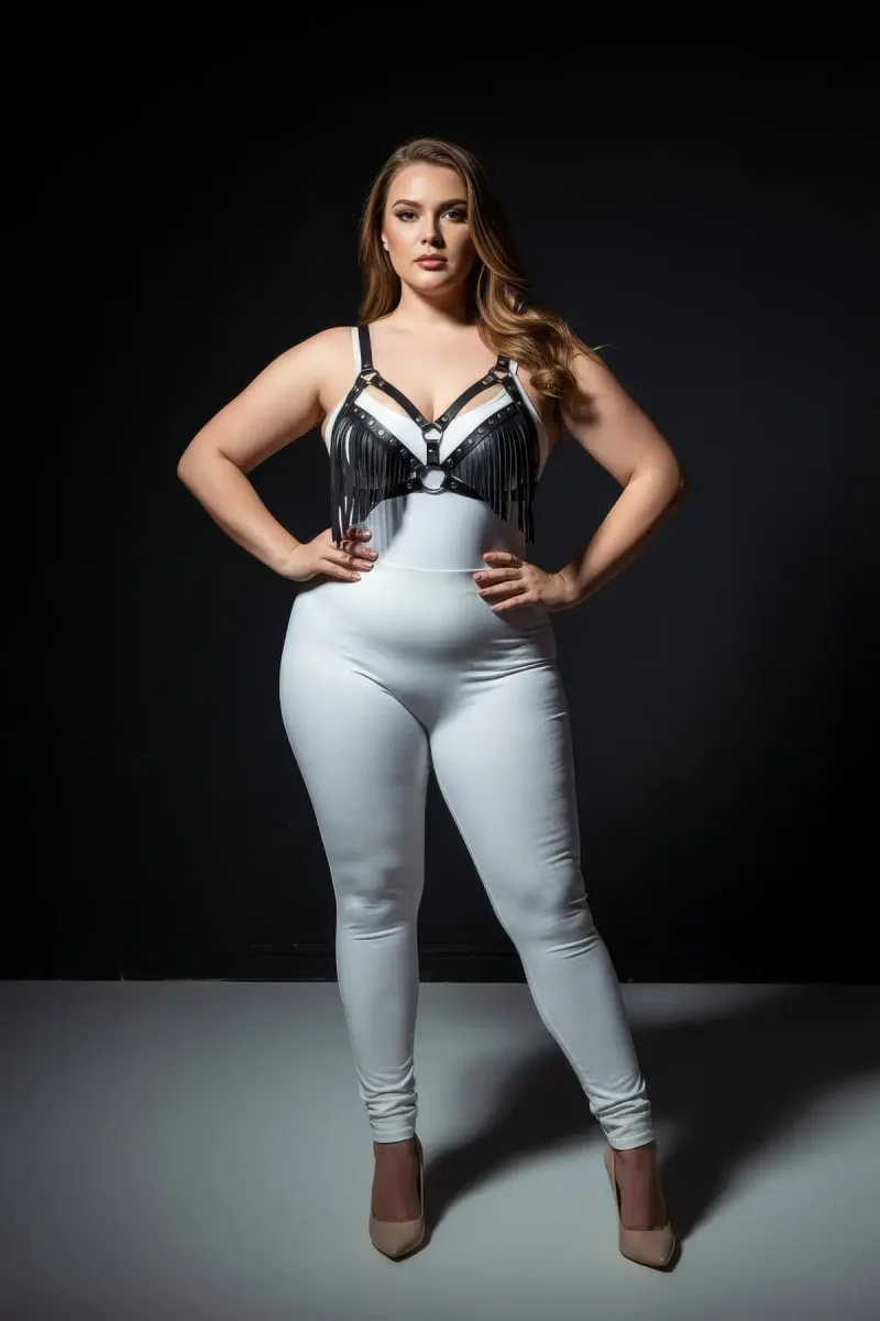 Plus Size Black Women's Harness Set Tassel Detailed Leather Bra Accessory - APFT418