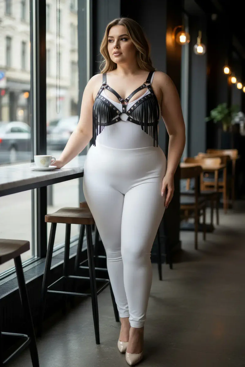 Plus Size Black Women's Harness Set Tassel Detailed Leather Bra Accessory - APFT418
