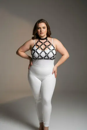 Large Size Black Women's Harness Set Fancy Leather Chest Accessory with Ring Detail - APFT443