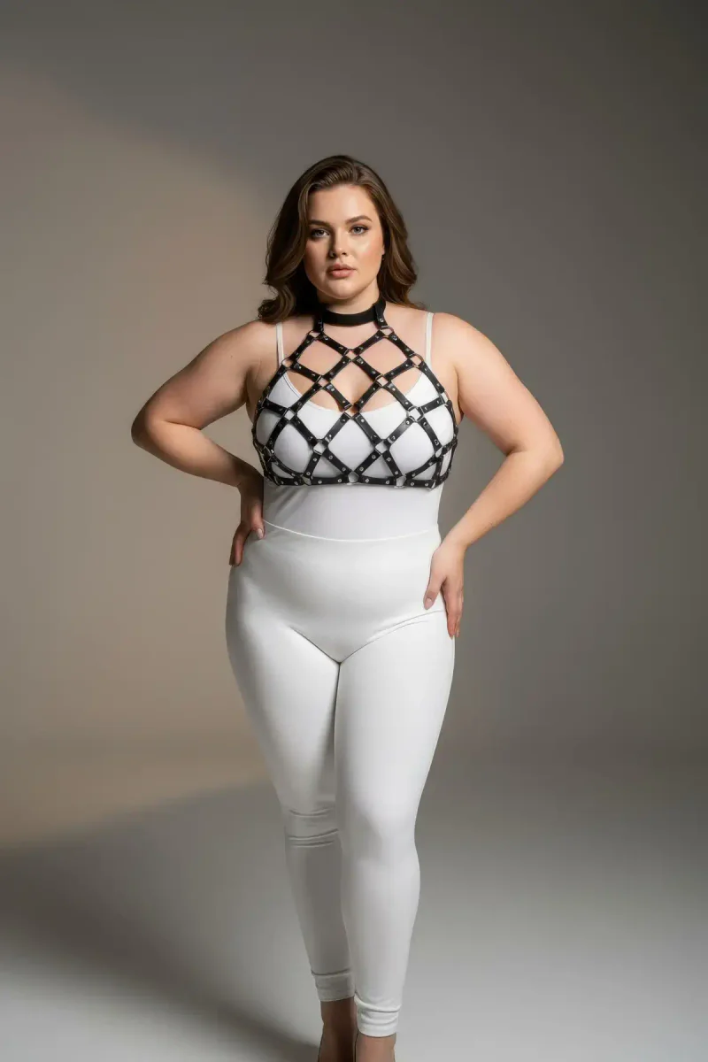 Large Size Black Women's Harness Set Fancy Leather Chest Accessory with Ring Detail - APFT443