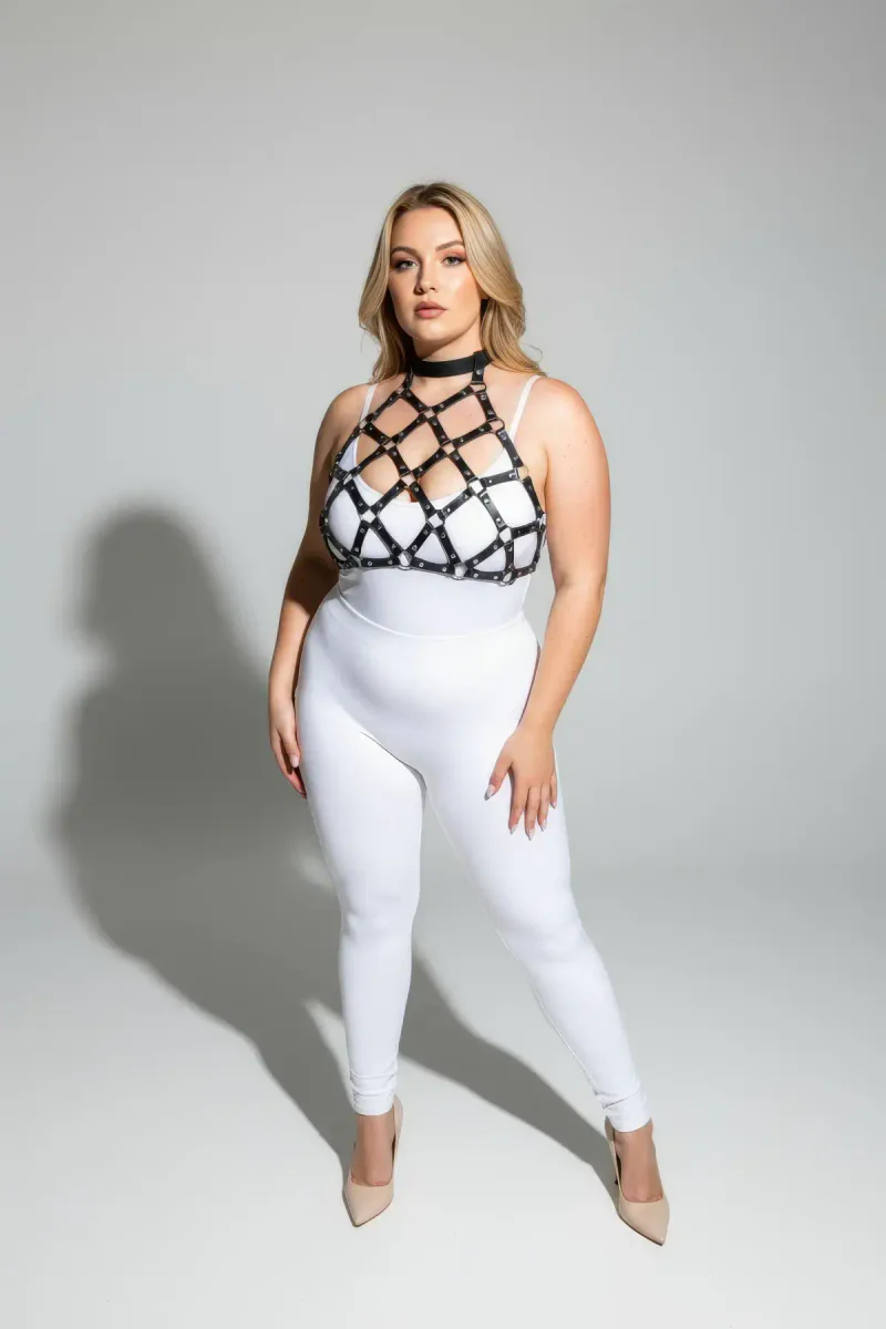 Large Size Black Women's Harness Set Fancy Leather Chest Accessory with Ring Detail - APFT443