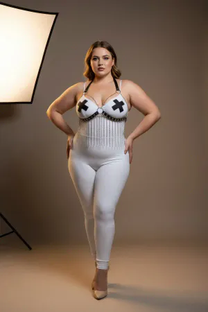 Plus Size White Women's Harness Suit Chain Detailed Leather Fancy Accessory - APFT477