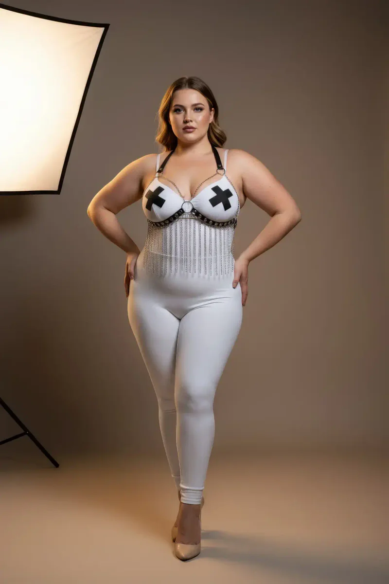 Plus Size White Women's Harness Suit Chain Detailed Leather Fancy Accessory - APFT477