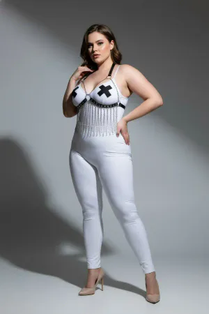 Plus Size White Women's Harness Suit Chain Detailed Leather Fancy Accessory - APFT477