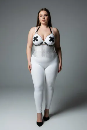 Plus Size White Women's Harness Suit Chain Detailed Leather Fancy Accessory - APFT477