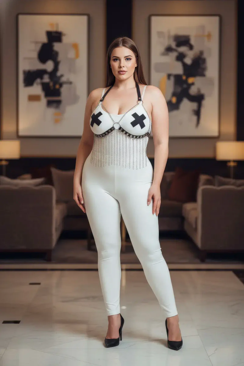 Plus Size White Women's Harness Suit Chain Detailed Leather Fancy Accessory - APFT477
