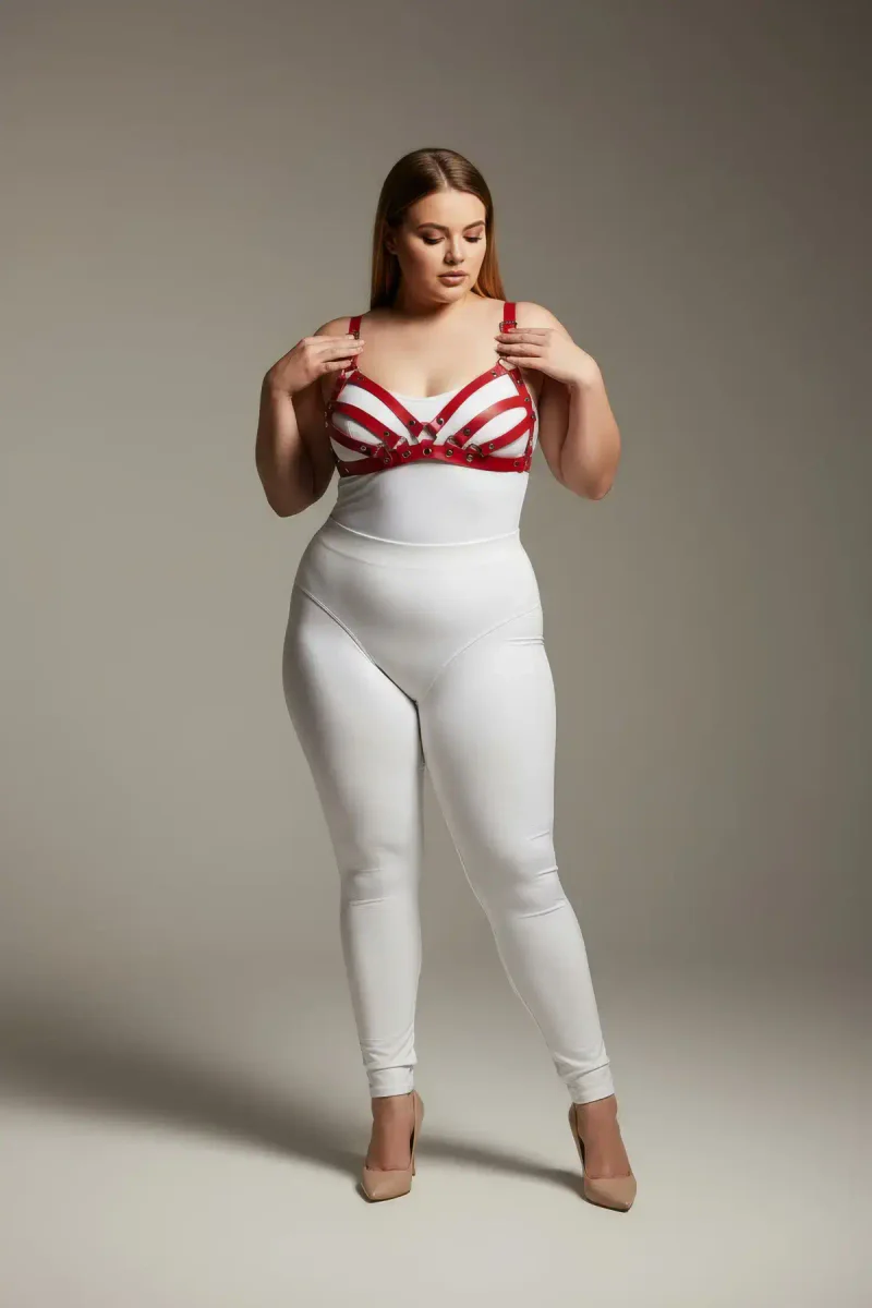 Plus Size Red Women's Leather Bra Harness Set Stylish Fancy Accessory - APFT733