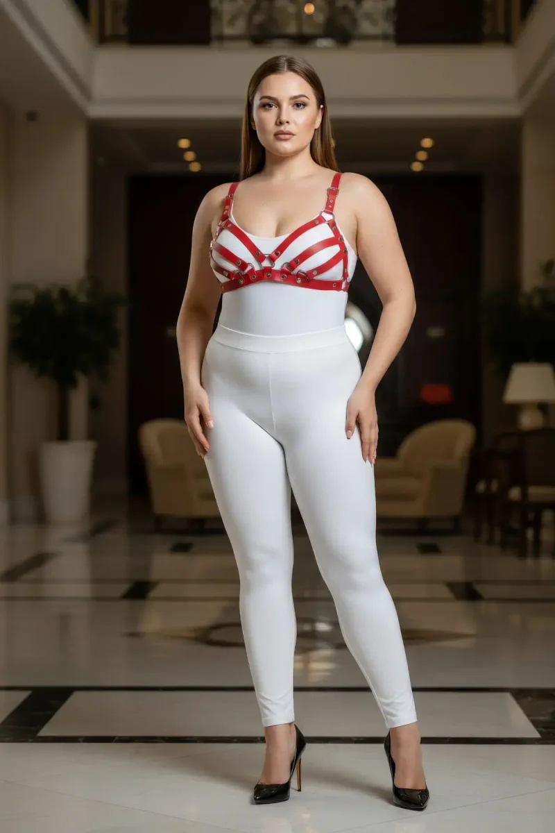 Plus Size Red Women's Leather Bra Harness Set Stylish Fancy Accessory - APFT733
