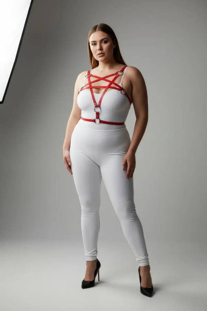 Plus Size Red Women's Leather Harness Set with Ring Detail Fancy Accessory - APFT821