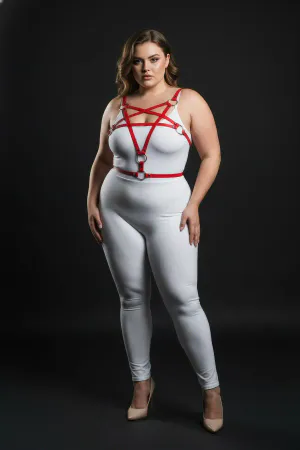 Plus Size Red Women's Leather Harness Set with Ring Detail Fancy Accessory - APFT821