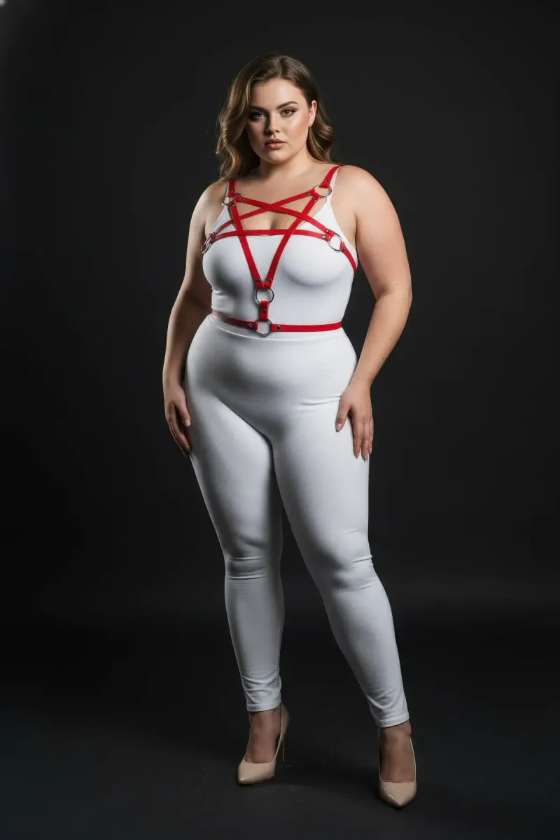 Plus Size Red Women's Leather Harness Set with Ring Detail Fancy Accessory - APFT821
