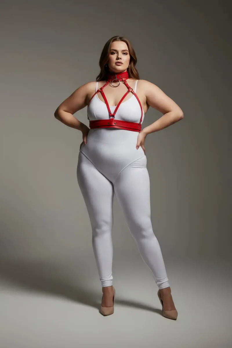 Red faux leather strappy body harness with matching choker and O-ring, worn by a plus-size model.