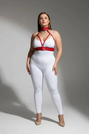 Plus Size Red Women's Harness Suit Fancy Leather Collar Detailed Body Accessory - APFT841