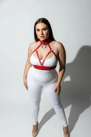 Plus Size Red Women's Harness Suit Fancy Leather Collar Detailed Body Accessory - APFT841