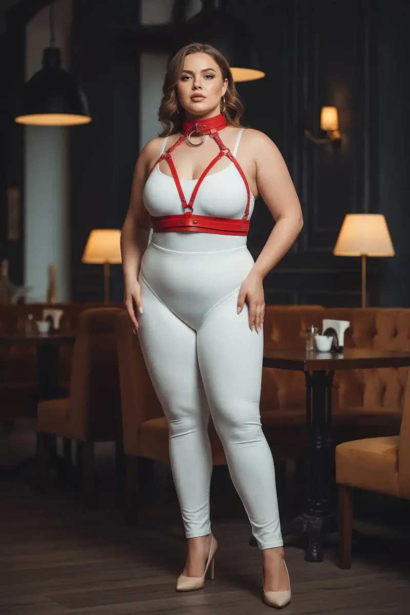 Full body shot of red harness accessory on white background featuring choker and o-ring detail