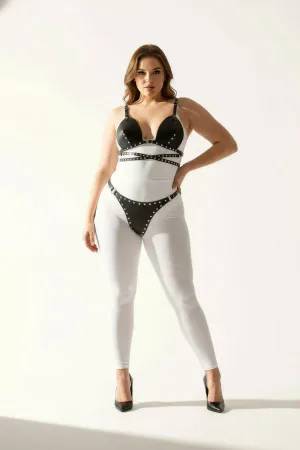 Plus Size Black Women's Harness Set Leather Fancy with Staple Detail - APFT849