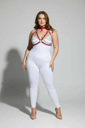 Plus Size Red Women's Harness Suit Chain Detailed Fancy Choker Collar - APFT945