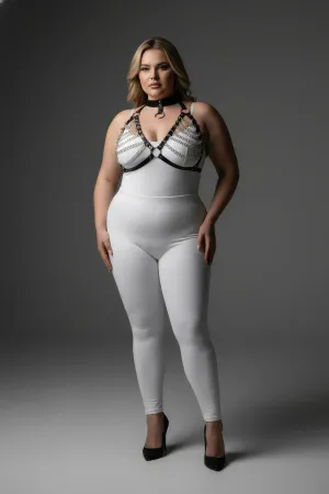 Plus Size Black Women's Harness Suit Chain Detailed Leather Body Accessory - APFT945