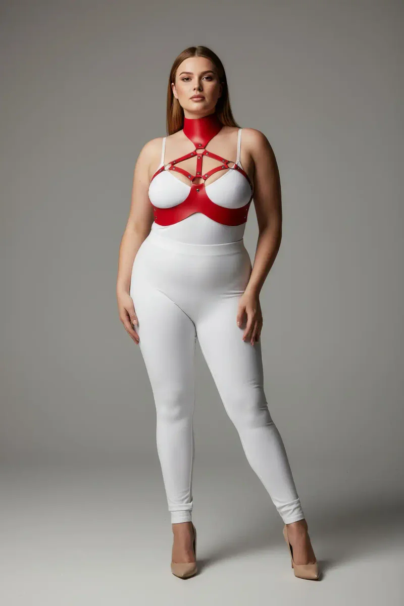 Plus Size Red Women's Harness Suit Neck Collar Detailed Leather Fancy - APFT1237