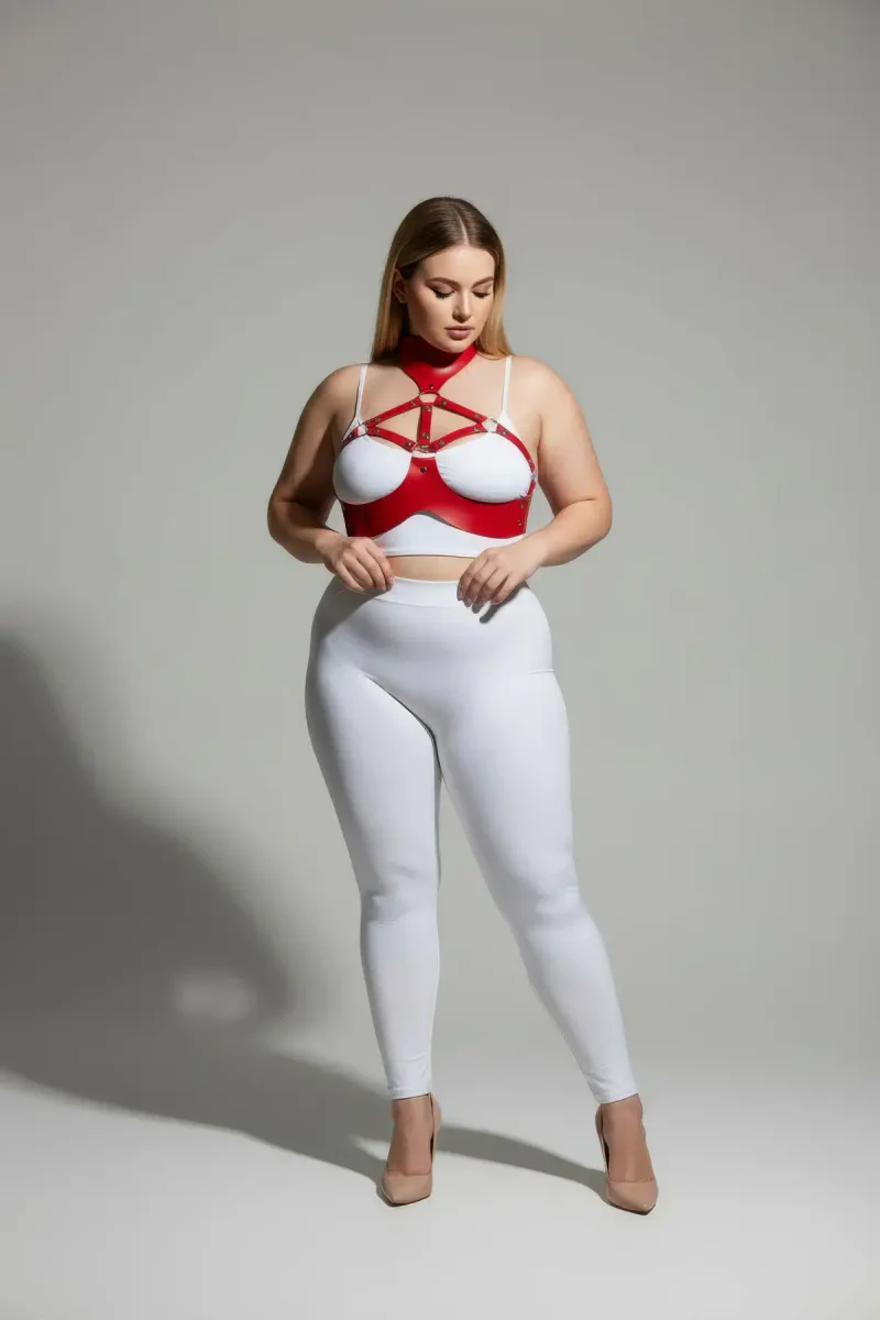 Plus Size Red Women's Harness Suit Neck Collar Detailed Leather Fancy - APFT1237